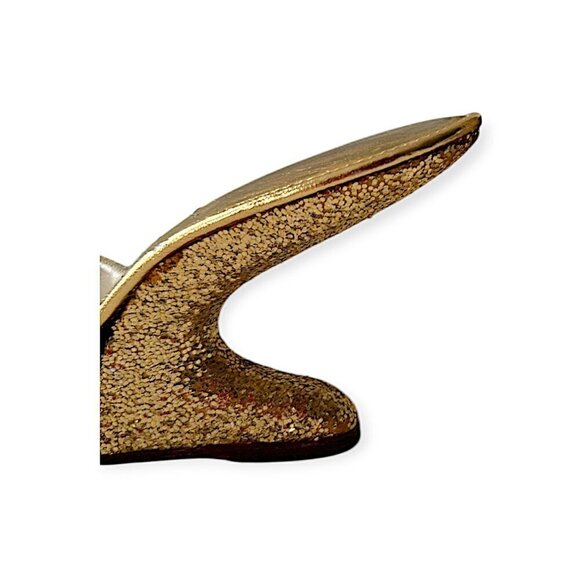 Vintage 1950s Gold Boomerang Wedge Mules– Sculptural Heel, Metallic Leather 8.5N - Picture 14 of 14